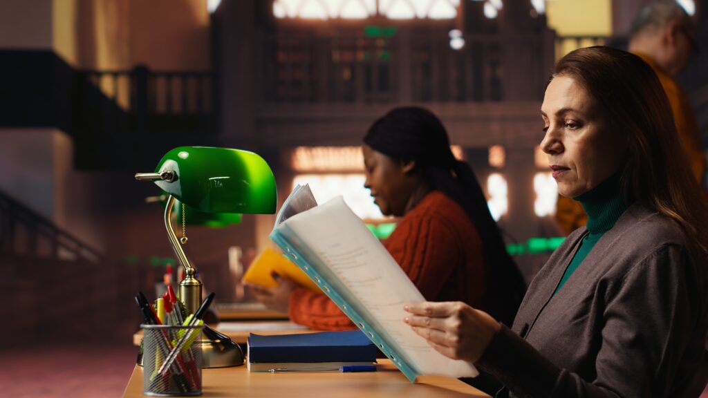 Public Library Setting With Older Woman Studying Under Soft Lighting