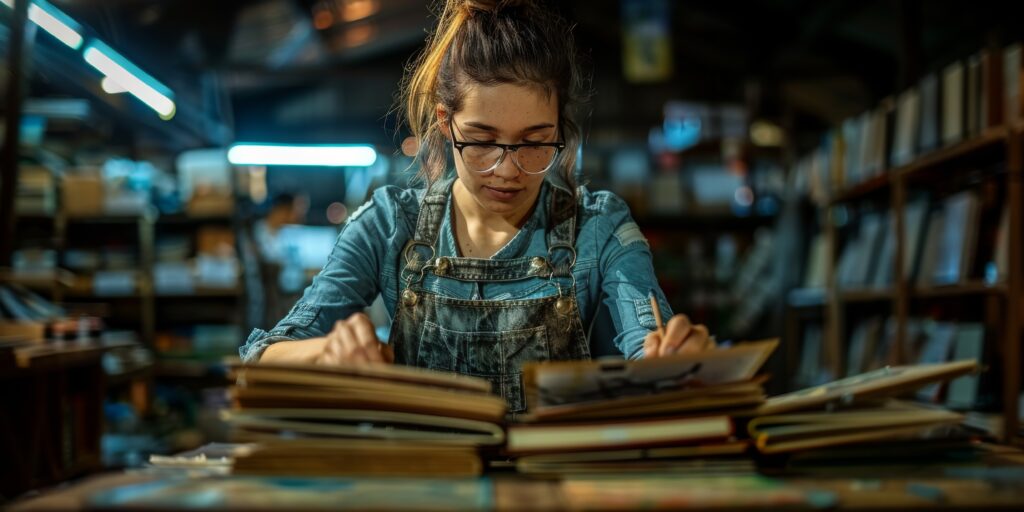 A Woman Is Sitting At A Table In A Library Reading A Book